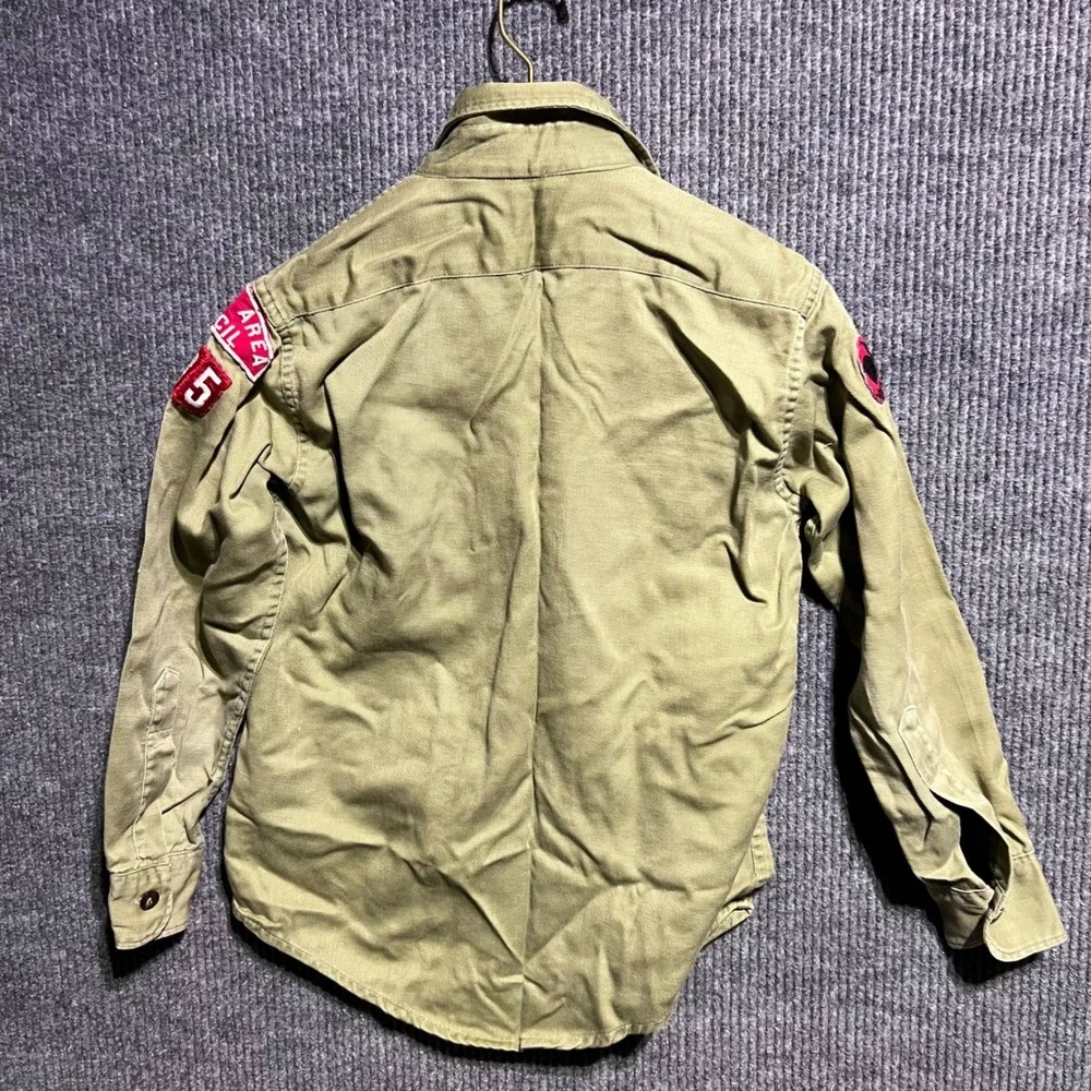Vintage Boy Scouts of America Shirt Boys M Green Patch Long Sleeve Uniform 60s